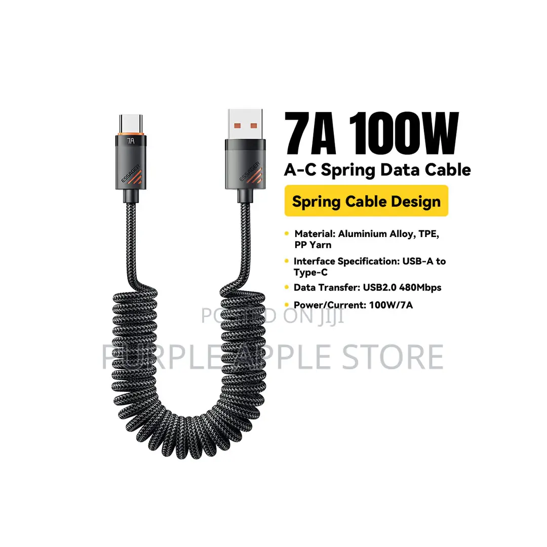 Essager 7a 100w Usb-C Spring Cable 1.8m | Fast Charge