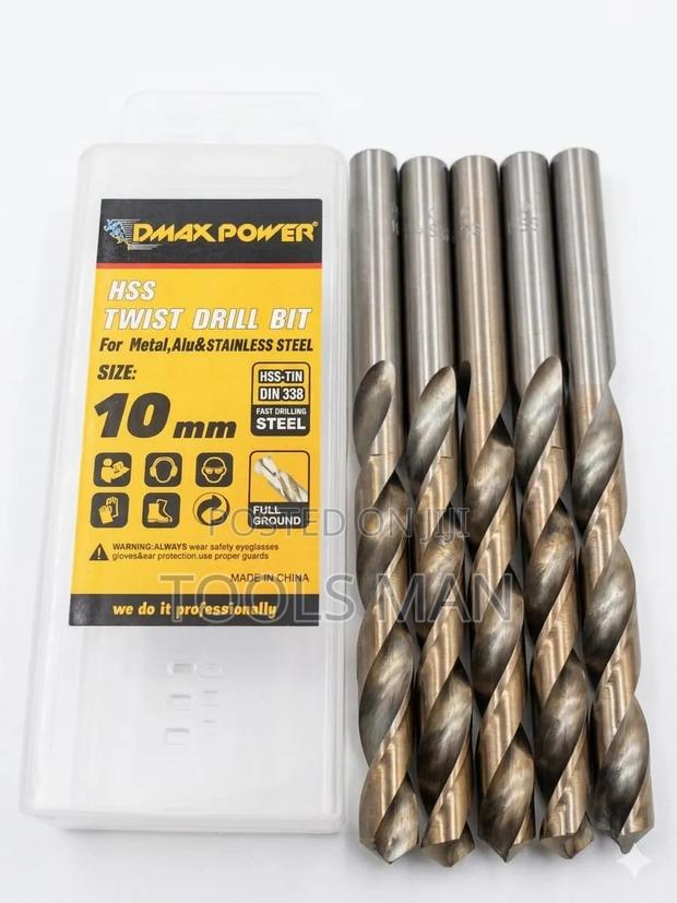 10mm HSS Titanium Twist Drill Bits for Stainless Steel - 5 Pack.