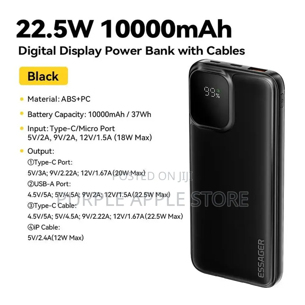 Essager 22.5w 10000mah Power Bank With Cables