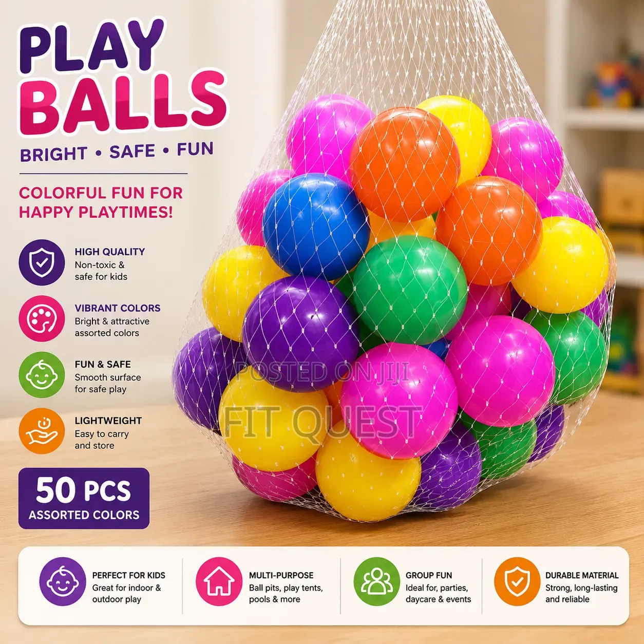 Kids 50pc Ball Pit Play Balls Colorful Soft Plastic Balls Set