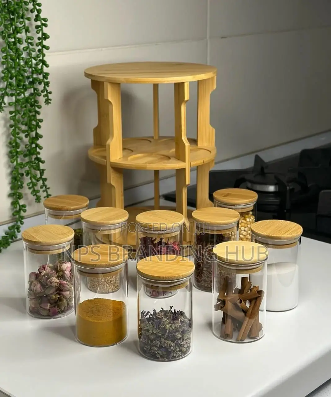 Bamboo 360° Rotating Spice Rack 1pc + 10pcs Glass Spice Jars Hbc