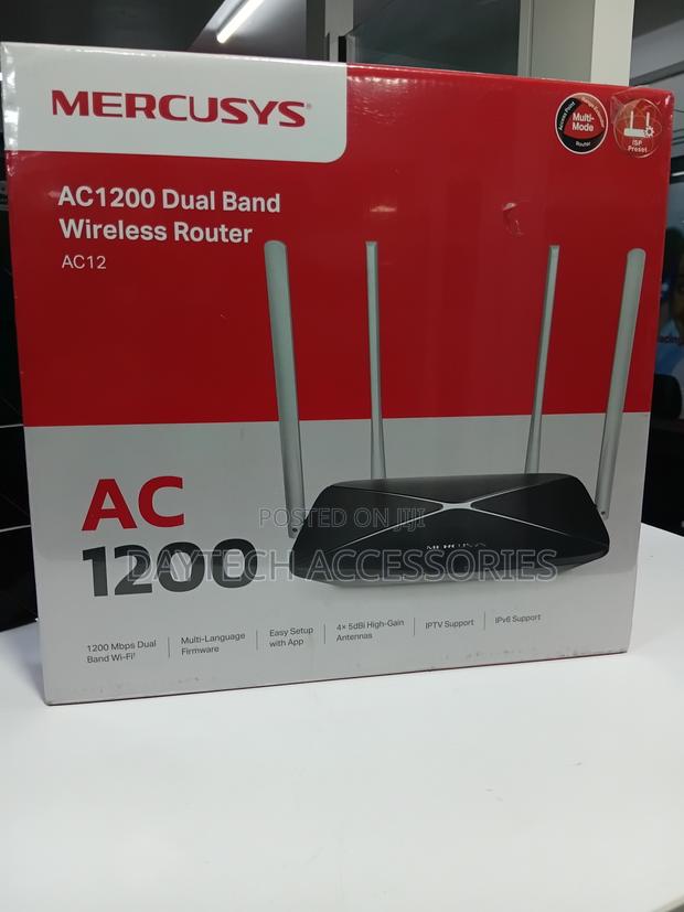 This Is a Mercusys Ac12 Ac1200 Dual Band Wireless Router in Black.