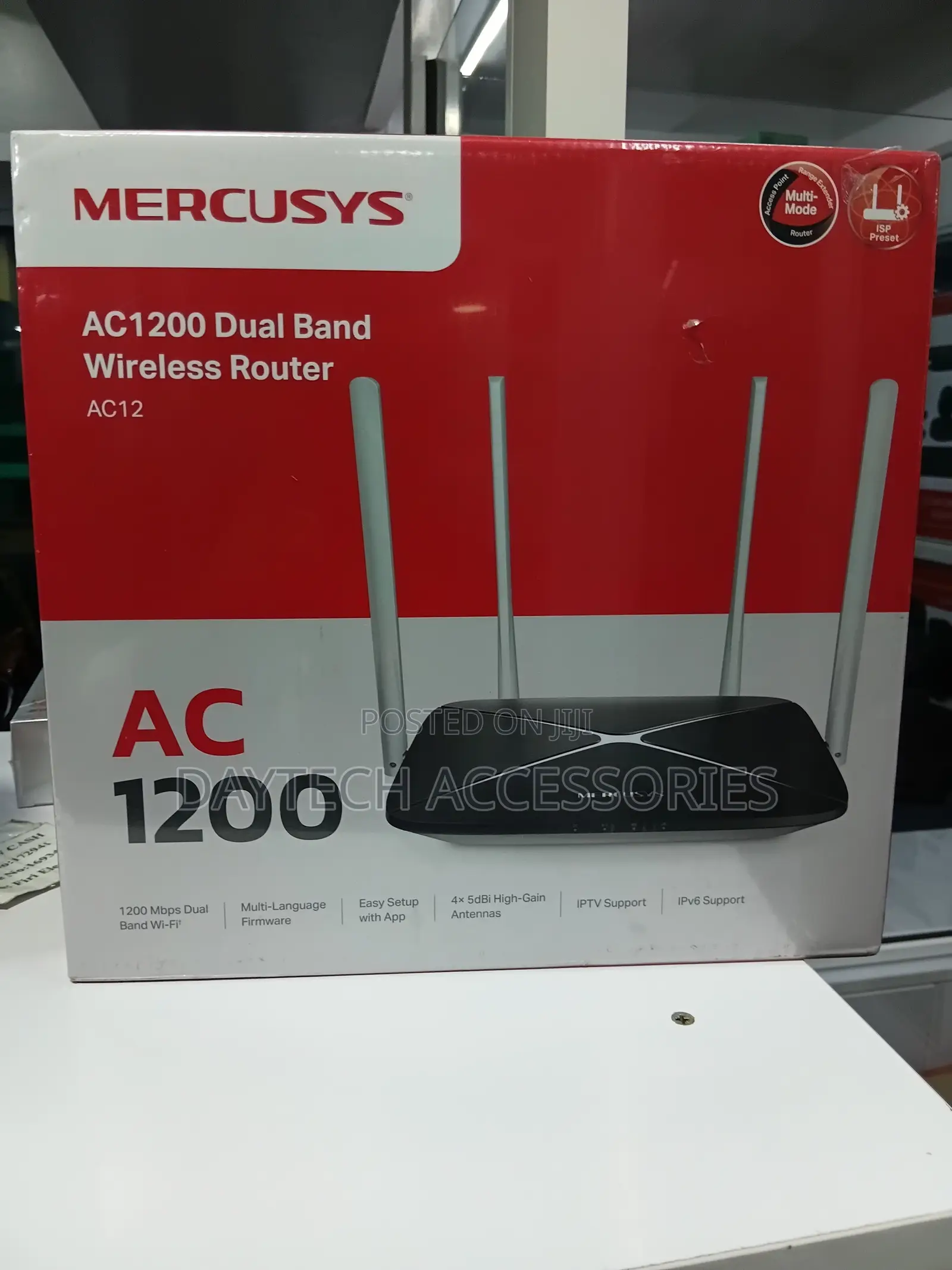 This Is a Mercusys Ac12 Ac1200 Dual Band Wireless Router in Black.