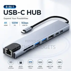8-in-1 Usb-C Hub Type-C to Hdmi Usb 3.0 Rj45 Adapter