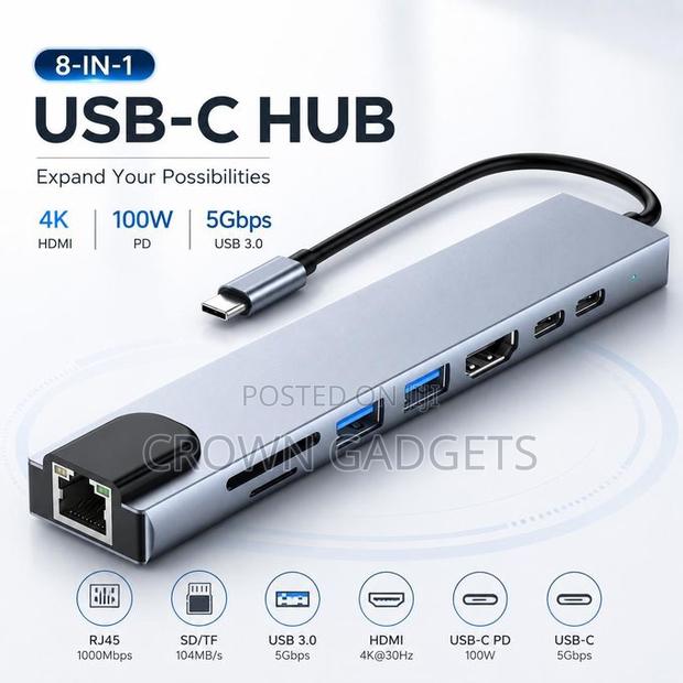 8-in-1 Usb-C Hub Type-C to Hdmi Usb 3.0 Rj45 Adapter