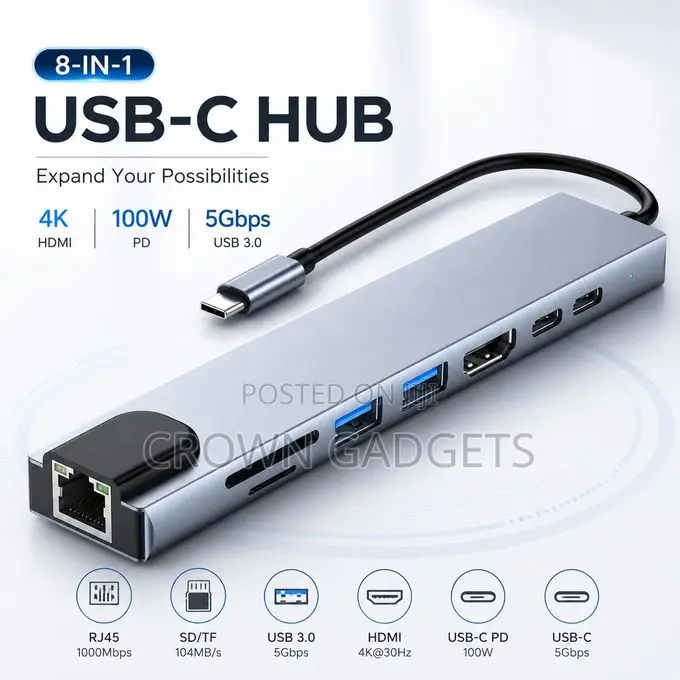 8-in-1 Usb-C Hub Type-C to Hdmi Usb 3.0 Rj45 Adapter