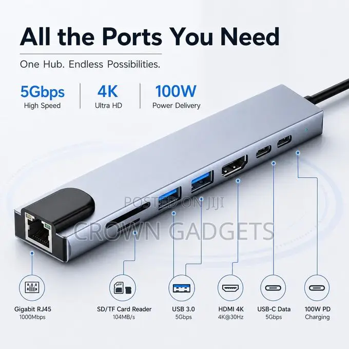 8-in-1 Usb-C Hub Type-C to Hdmi Usb 3.0 Rj45 Adapter
