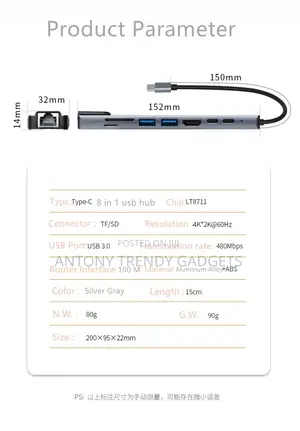 8-in-1 Usb-C Hub Multiport Adapter Hdmi Ethernet Dock
