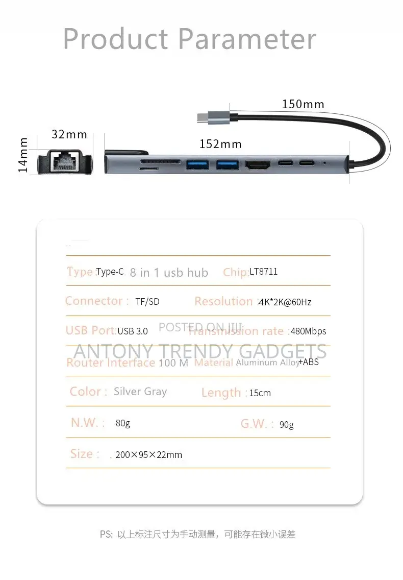 8-in-1 Usb-C Hub Multiport Adapter Hdmi Ethernet Dock