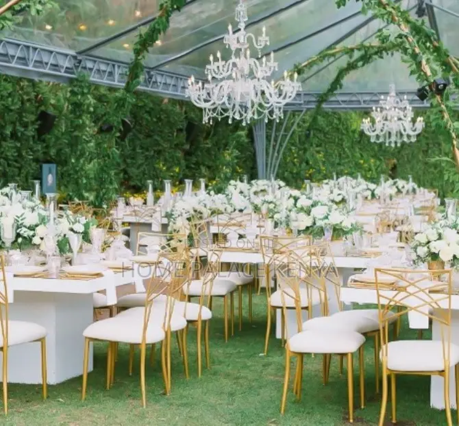 Banquet Chair: Gold Metal Cross Back Chiavari Wedding Chair