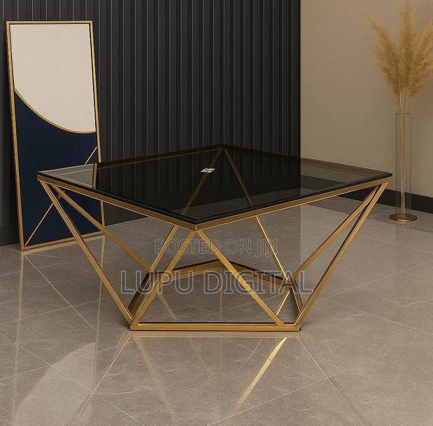 Geometric Gold-Framed Diamond Design Glass Coffee Table