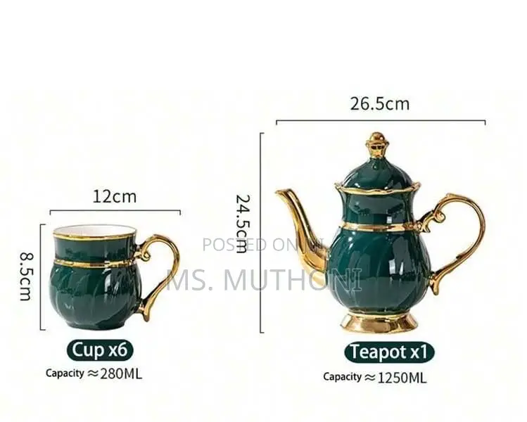 8 PCS Green and Gold Porcelain Tea Set W/ Prominent Gold-Plated Rims