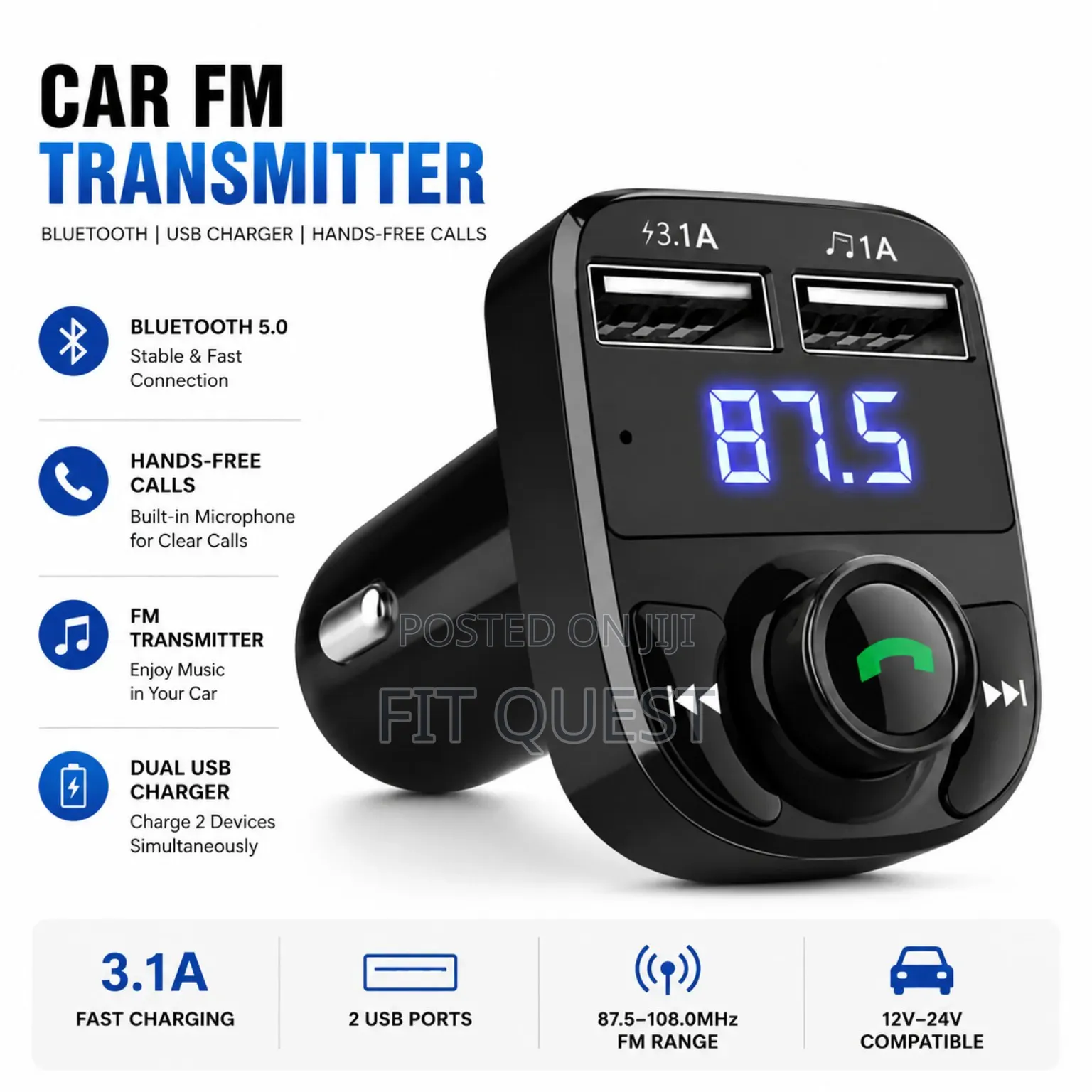 Bluetooth Car Modulator Dual Usb Fast Charger Hands Free Adapter