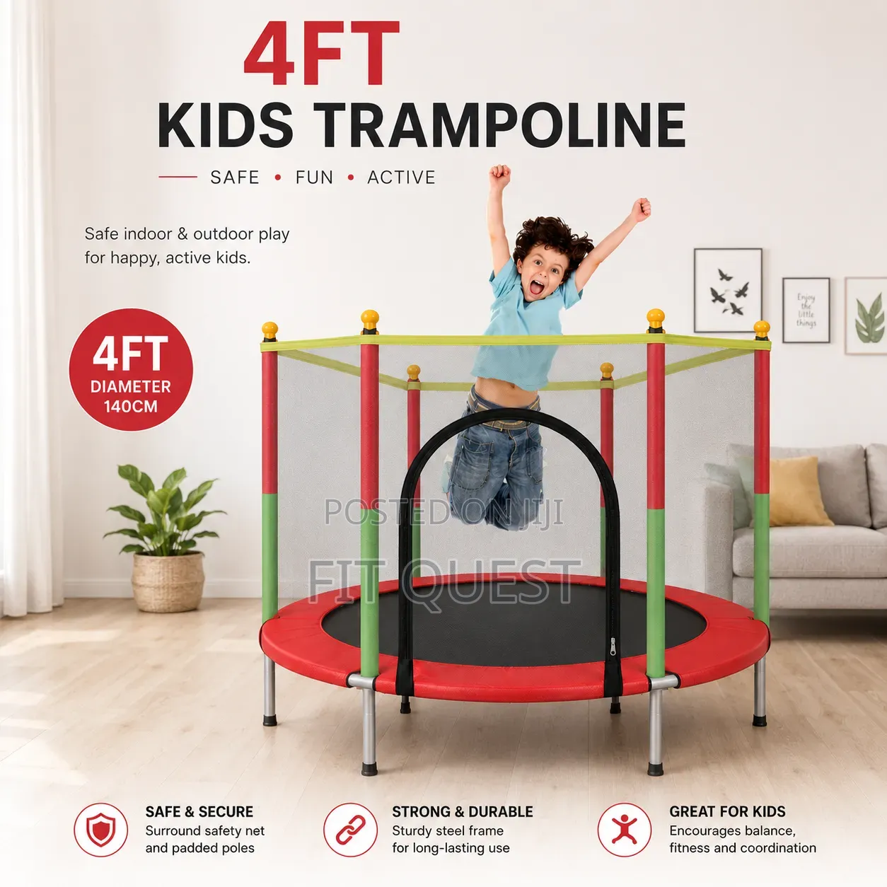 Kids 4ft Indoor Outdoor Trampoline With Safety Net and Foam Padding