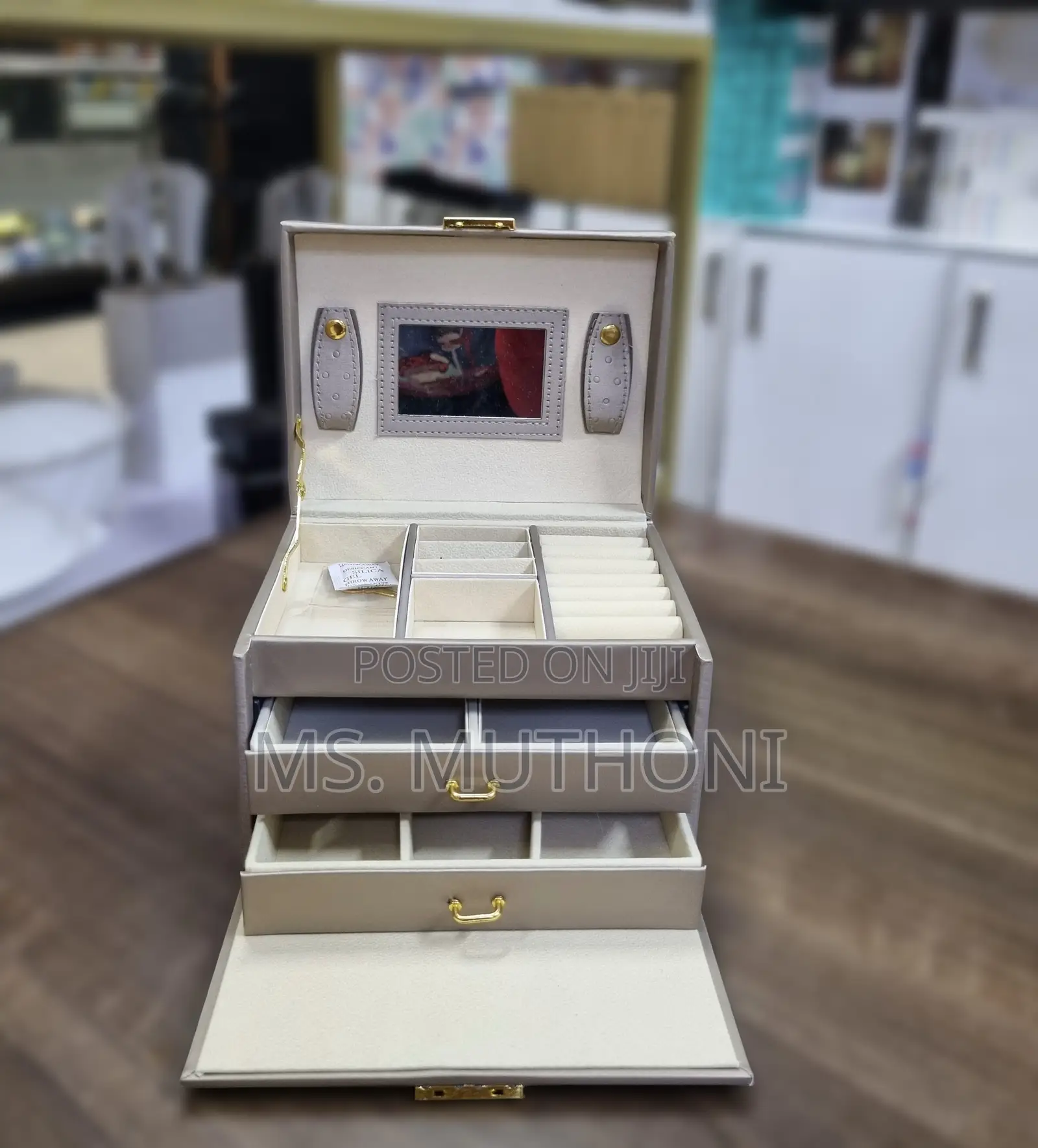 Leather Multi-Layered Jewelry Organizer Box W/ Built-in Mirror Drawers