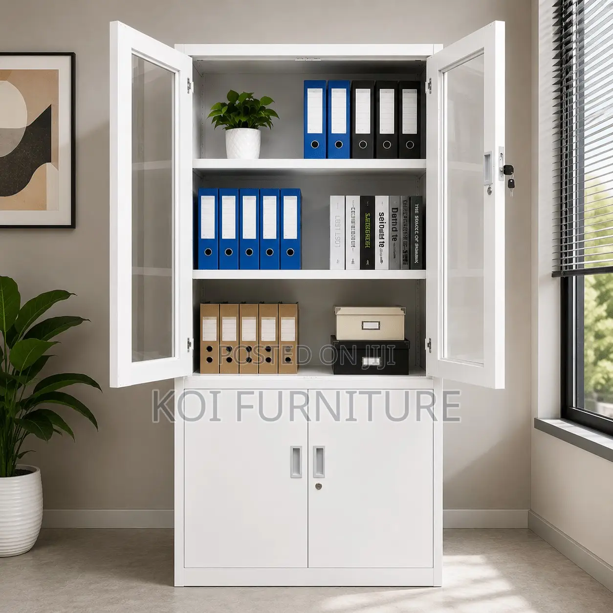 Office Cabinet; 2 Doors Gey White Cabinet With Movable Shelves