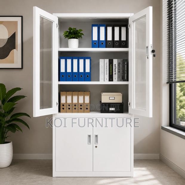 Office Cabinet; 2 Doors Gey White Cabinet With Movable Shelves - main view