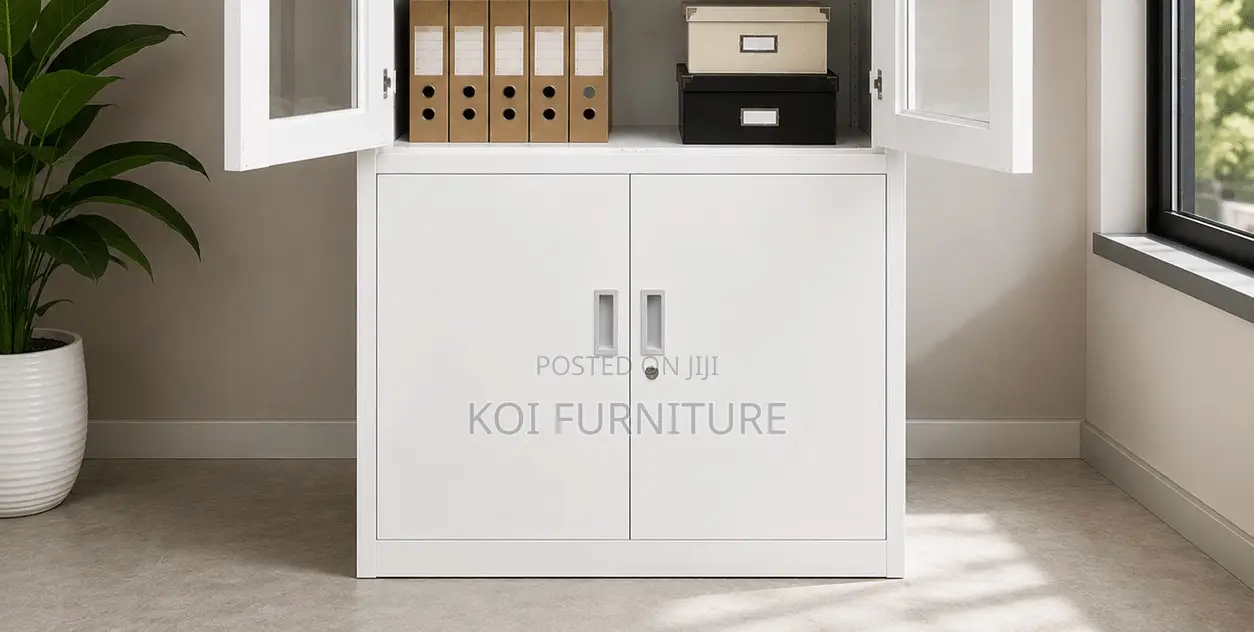 Office Cabinet; 2 Doors Gey White Cabinet With Movable Shelves