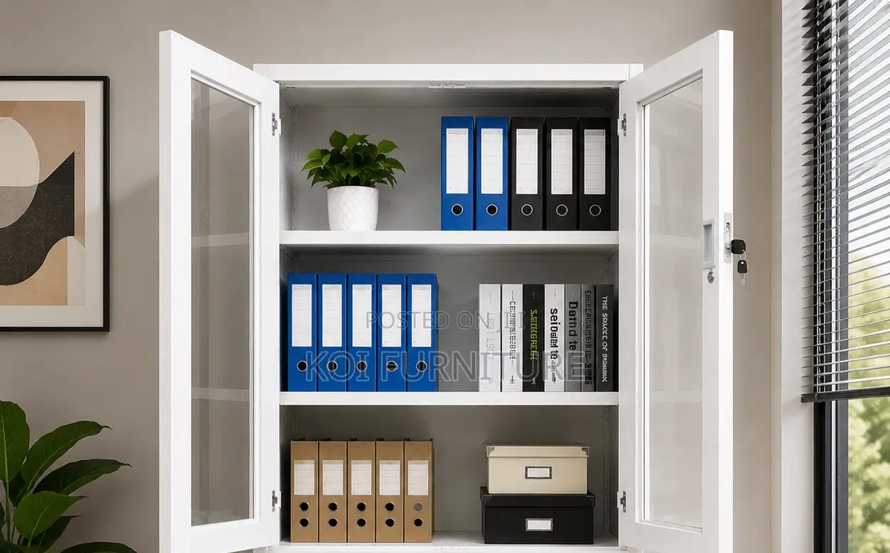Office Cabinet; 2 Doors Gey White Cabinet With Movable Shelves