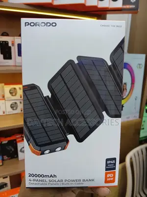 This Is a Porodo 20,000mah 4-Panel Solar Power Bank in Black.