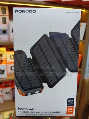 This Is a Porodo 20,000mah 4-Panel Solar Power Bank in Black.
