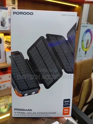 This Is a Porodo 20,000mah 4-Panel Solar Power Bank in Black.