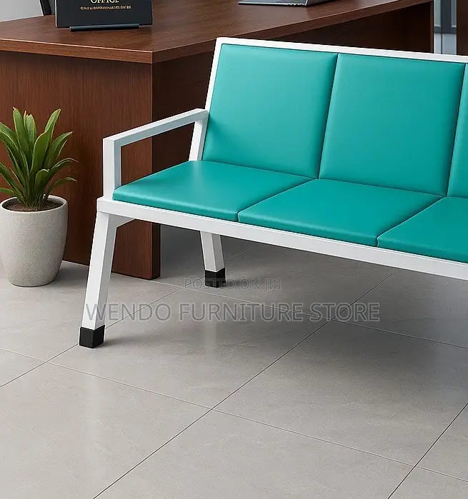 Office Benches; Three Seaters Blue Leather Upholstered Benches