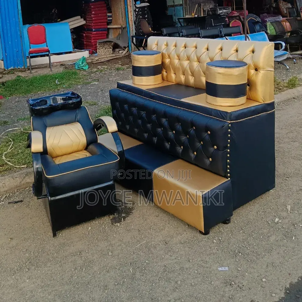 Pedicure 3 Seater and Sink Chair , Black and Gold 