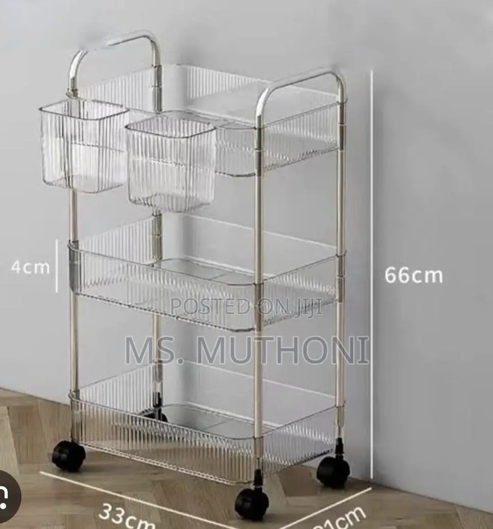 3-Tier Mobile Acrylic Storage Cart Featuring a Metallic Frame