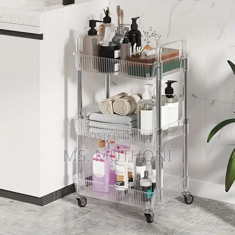 3-Tier Mobile Acrylic Storage Cart Featuring a Metallic Frame