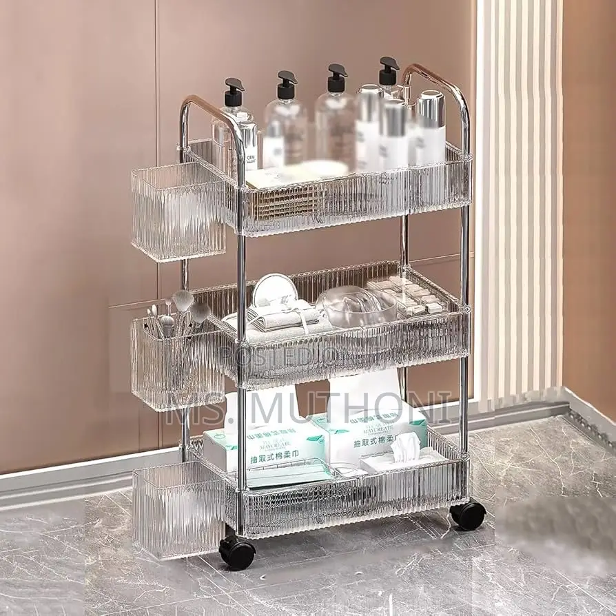 3-Tier Mobile Acrylic Storage Cart Featuring a Metallic Frame