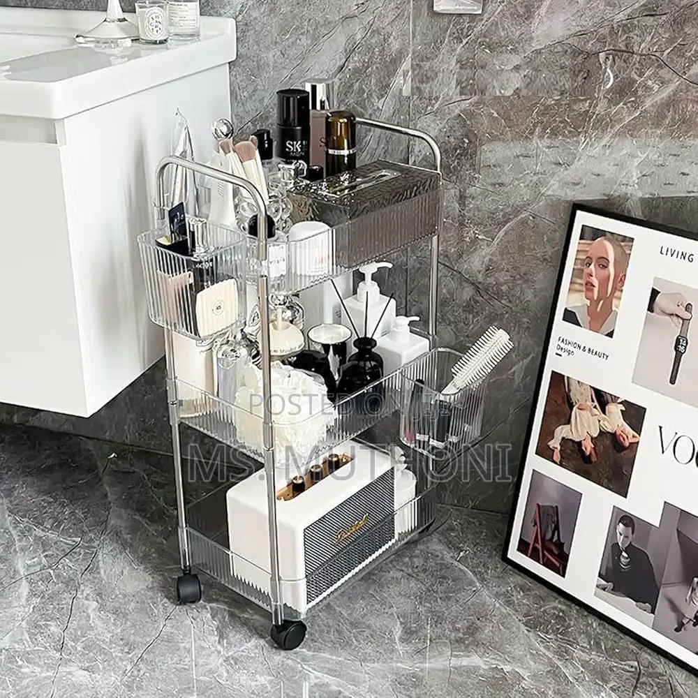 3-Tier Mobile Acrylic Storage Cart Featuring a Metallic Frame