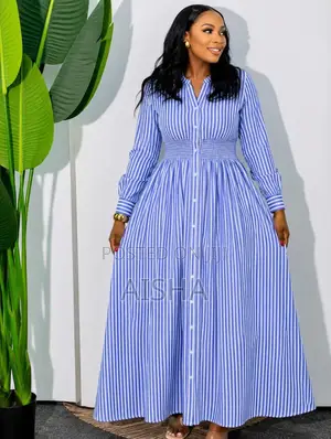  Elegant Blue White Striped Maxi Dress 