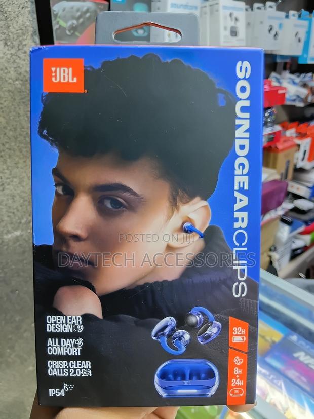 Blue JBL Soundgear Clips Open-Ear True Wireless Bluetooth Earbuds.
