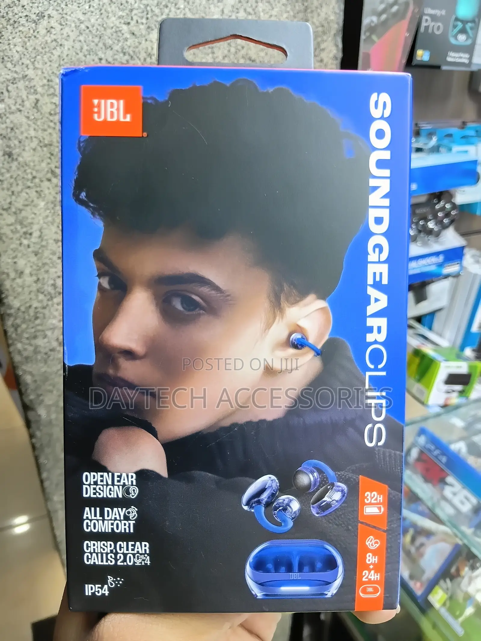 The JBL Soundgear Clips True Wireless Open-Ear Headphones in Blue.