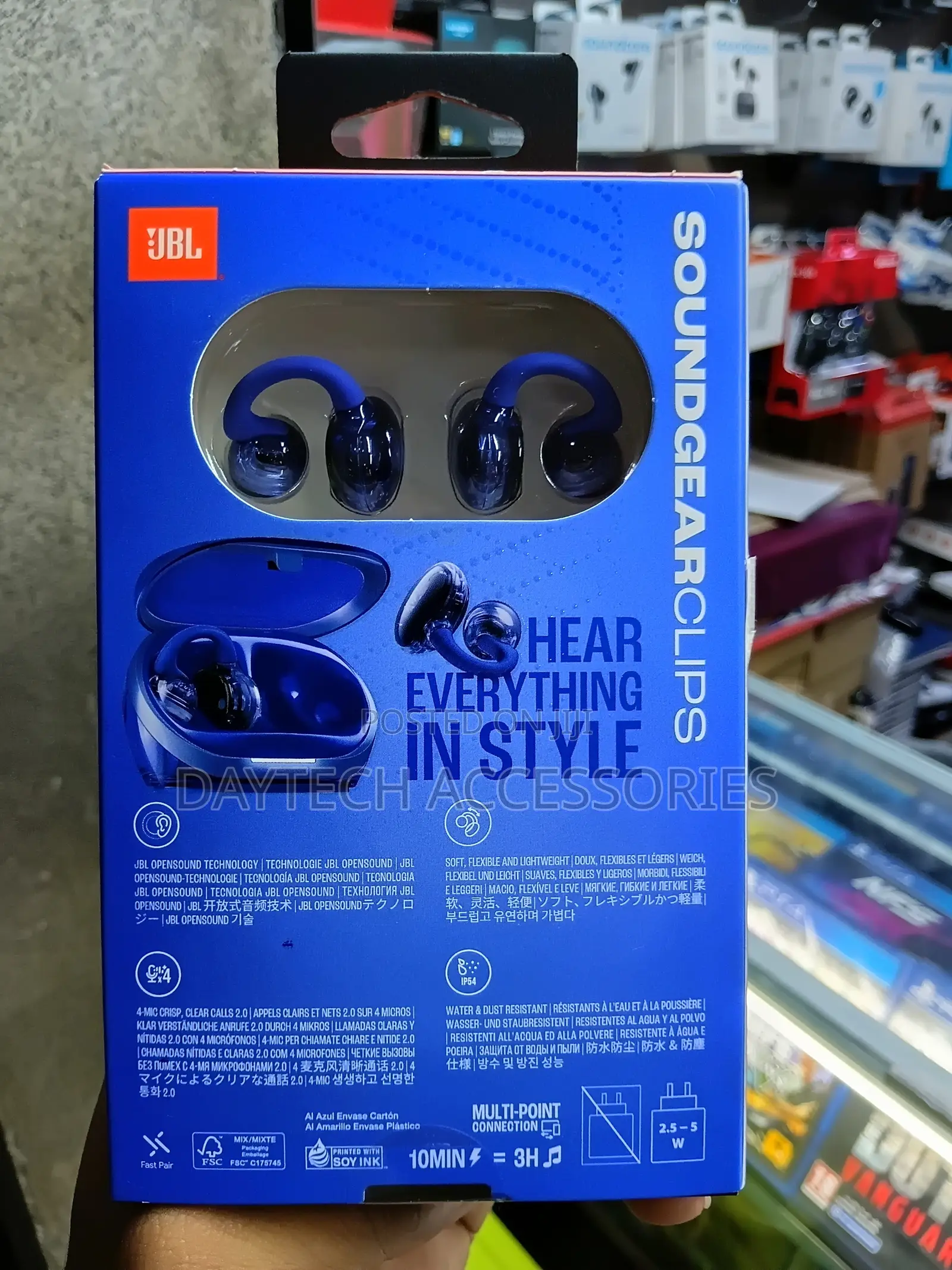 The JBL Soundgear Clips True Wireless Open-Ear Headphones in Blue.
