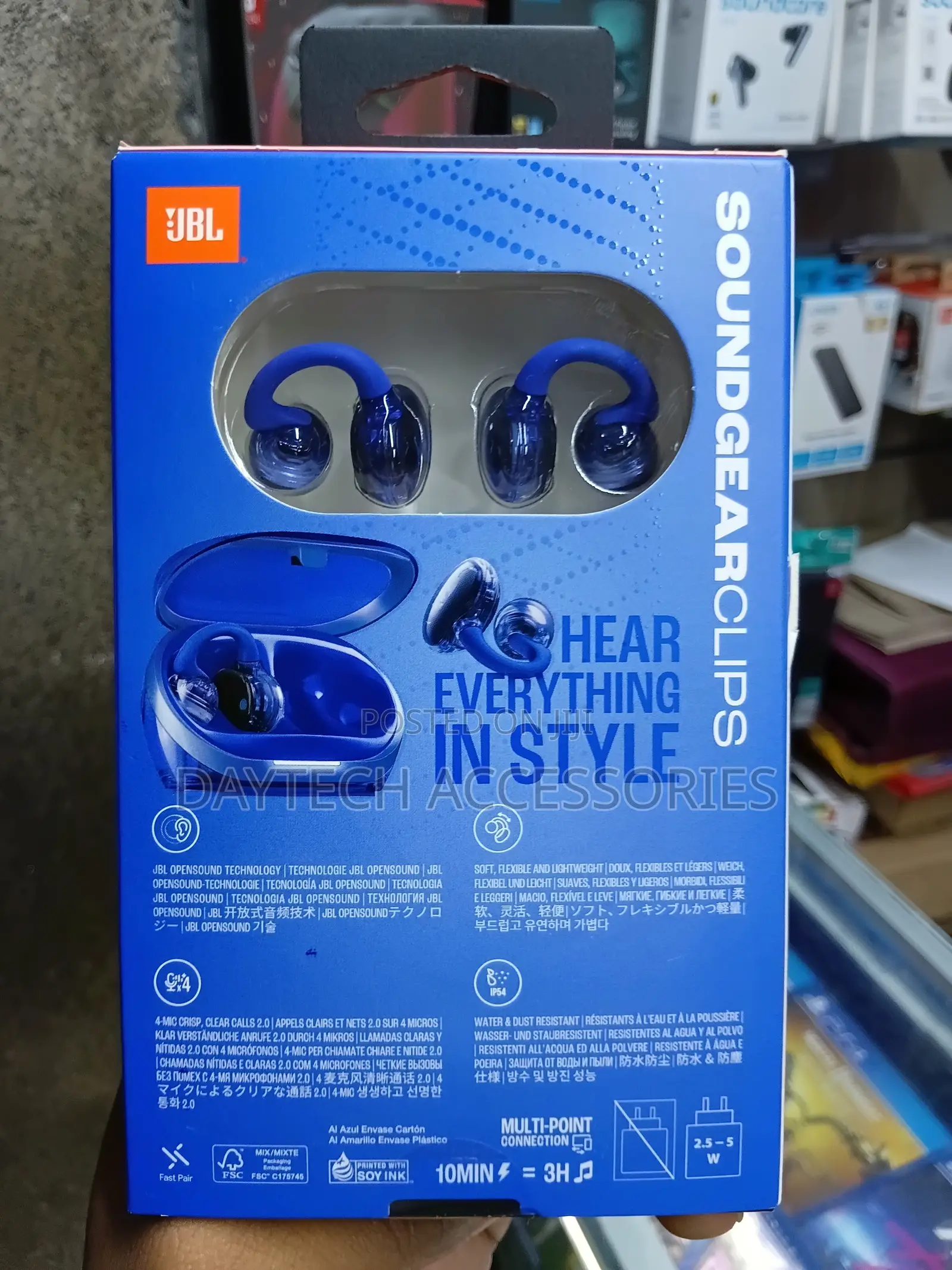 The JBL Soundgear Clips True Wireless Open-Ear Headphones in Blue.