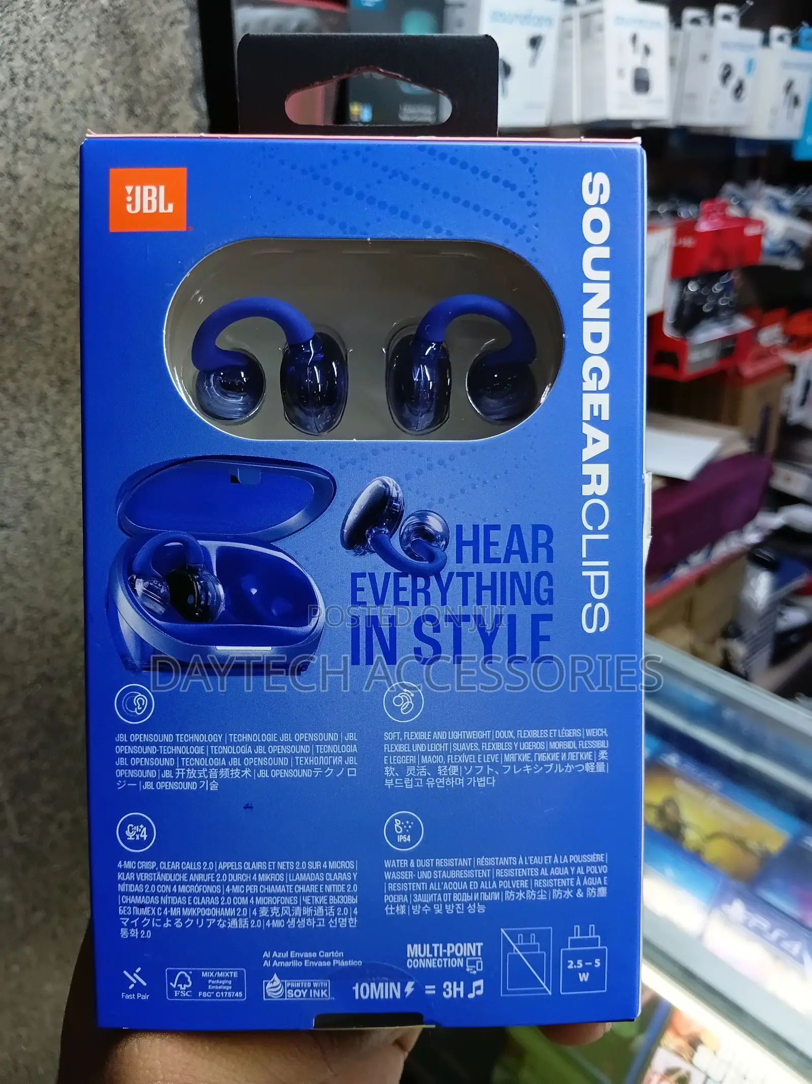The JBL Soundgear Clips True Wireless Open-Ear Headphones in Blue.