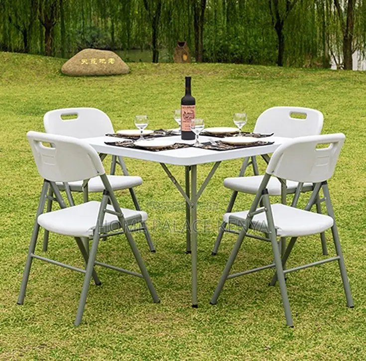 Outdoor Table: Portable White Foldable Plastic Table With Steel Frame