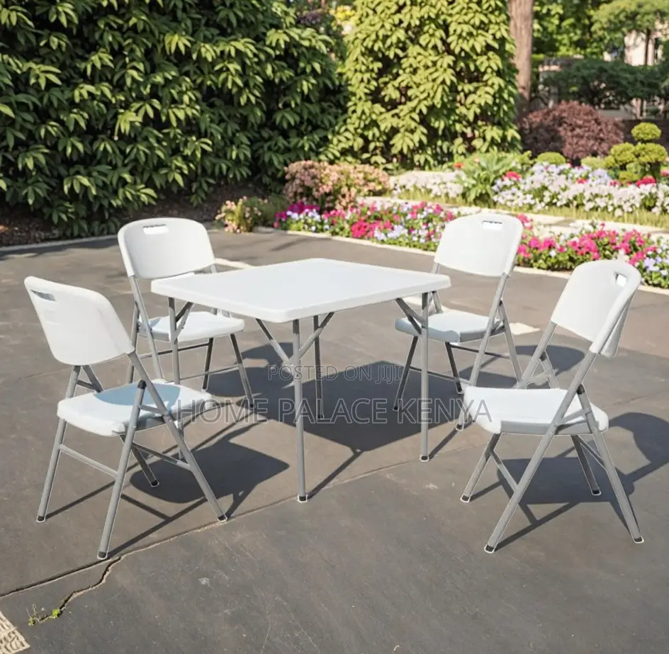 Outdoor Table: Portable White Foldable Plastic Table With Steel Frame