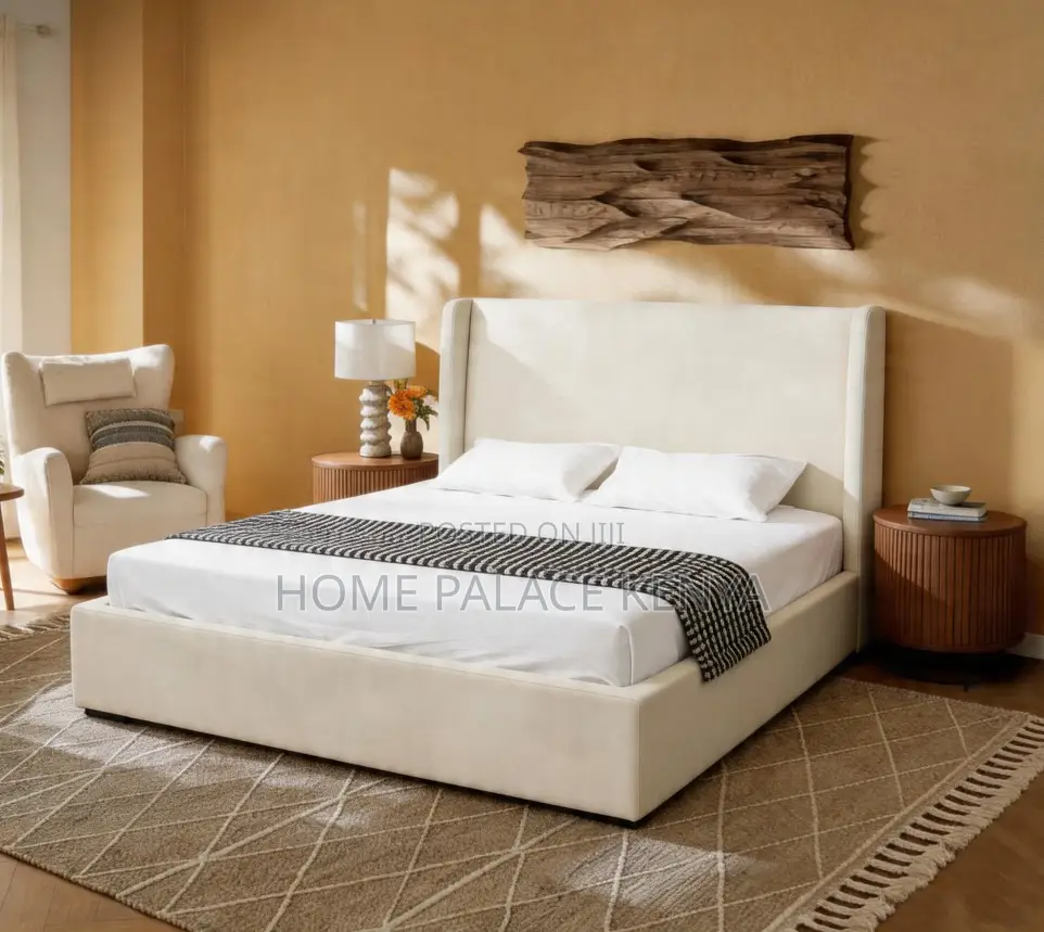 Modern Bed: Upholstered King Size Bed Frame With High Headboard
