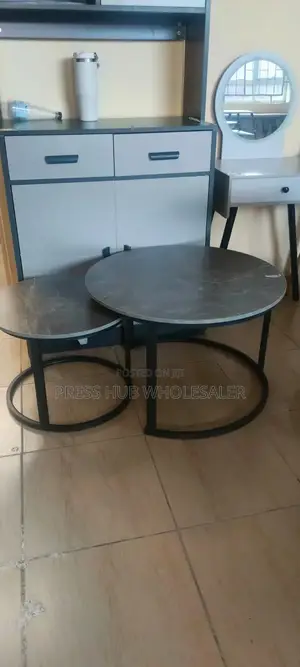 Modern Round Nesting Coffee Table Set – Grey Marble Black Metal