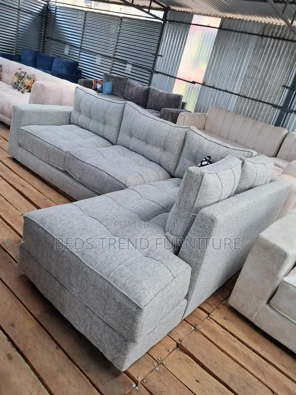 6 Seater Grey Tufted L Shaped Sofa.