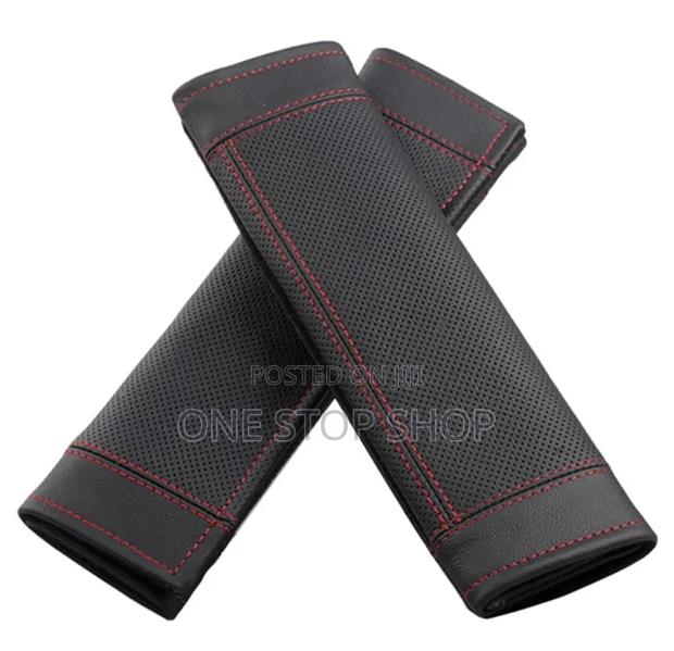 2pc Seat Belt Cover Black Carbon Fiber Leather With Red Stitching - main view