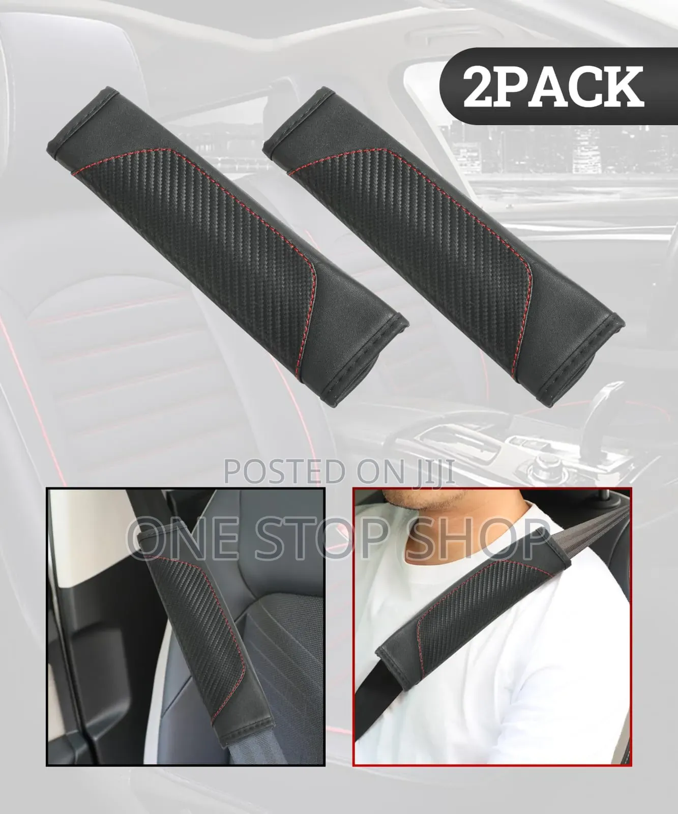 2pc Carbon Fiber Black Leather Seat Belt Strap Pad Cover