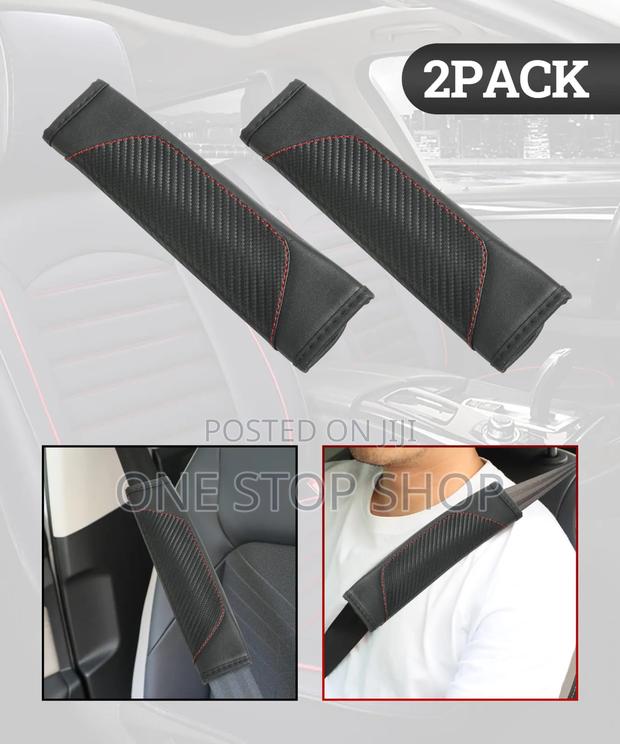 2pc Carbon Fiber Black Leather Seat Belt Strap Pad Cover