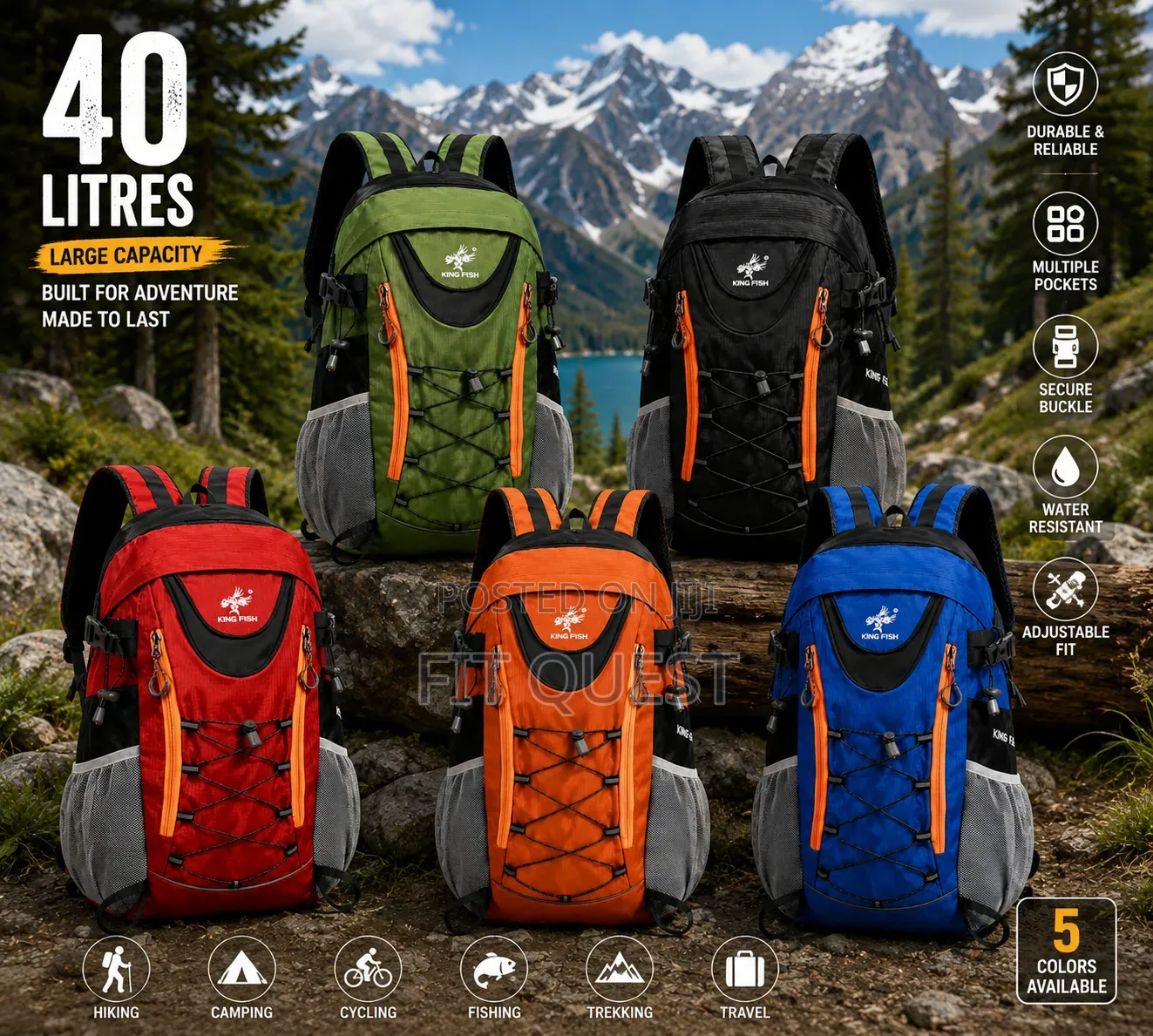 40l Outdoor Hiking Camping Travel Backpack Waterproof Trekking Bag
