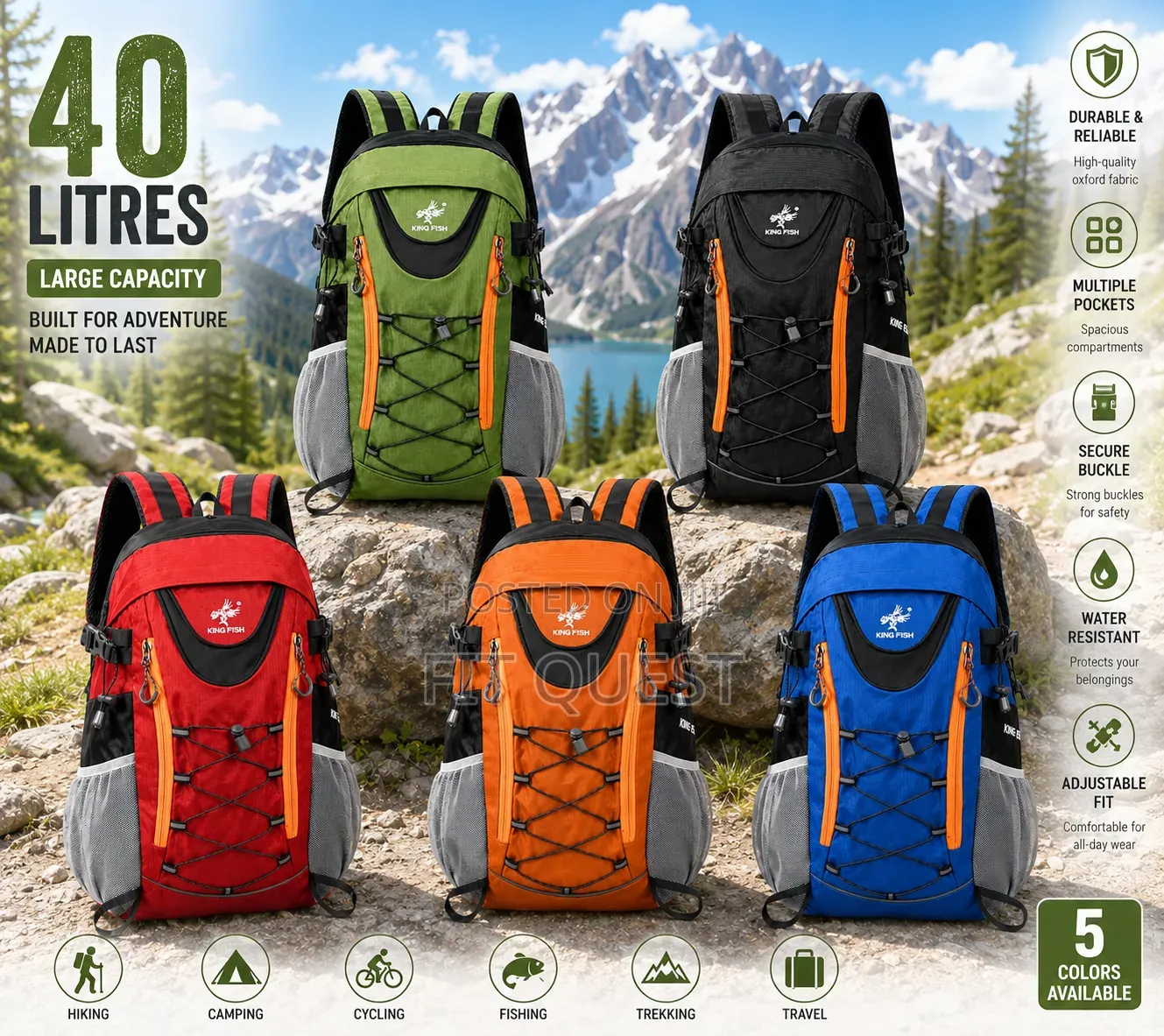40l Outdoor Hiking Camping Travel Backpack Waterproof Trekking Bag