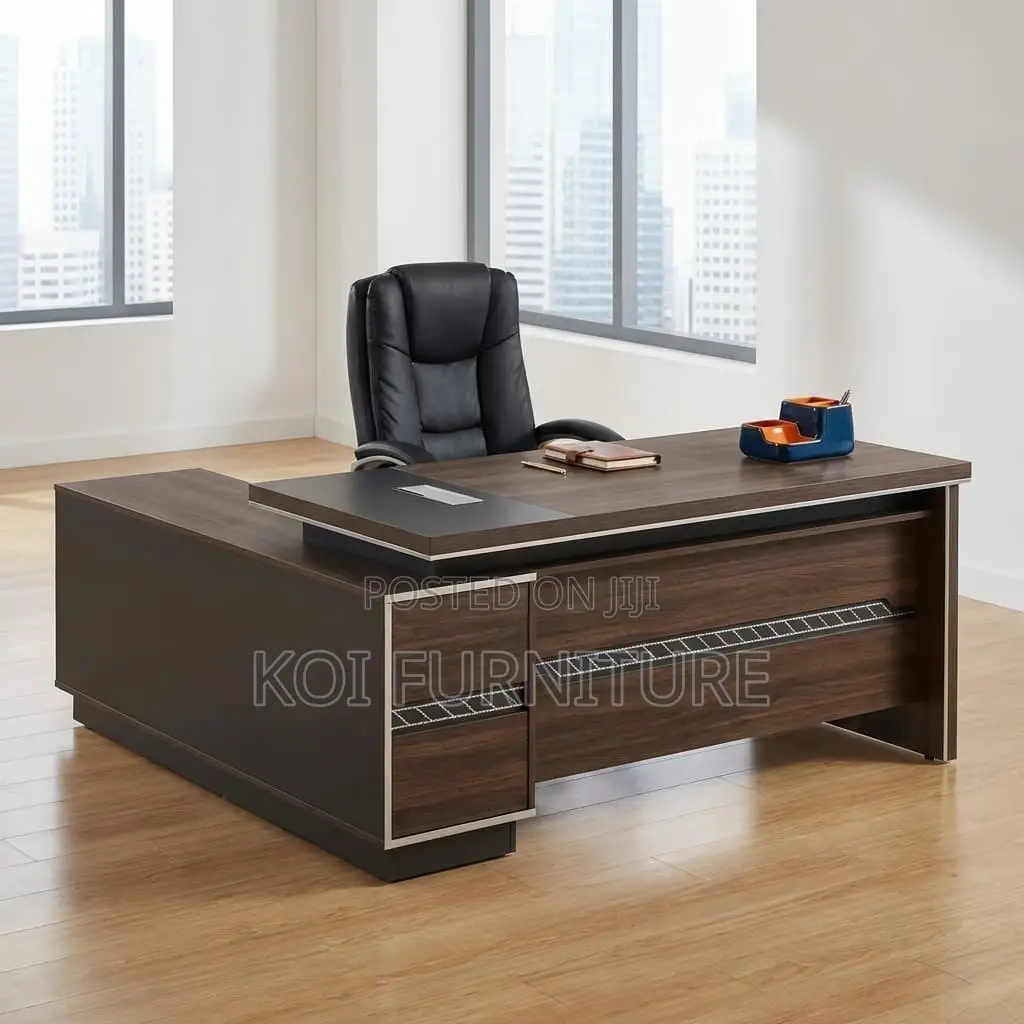 Office Desk : 1.8m Dark Brown Walnut MDF L-Shaped Executive Desk