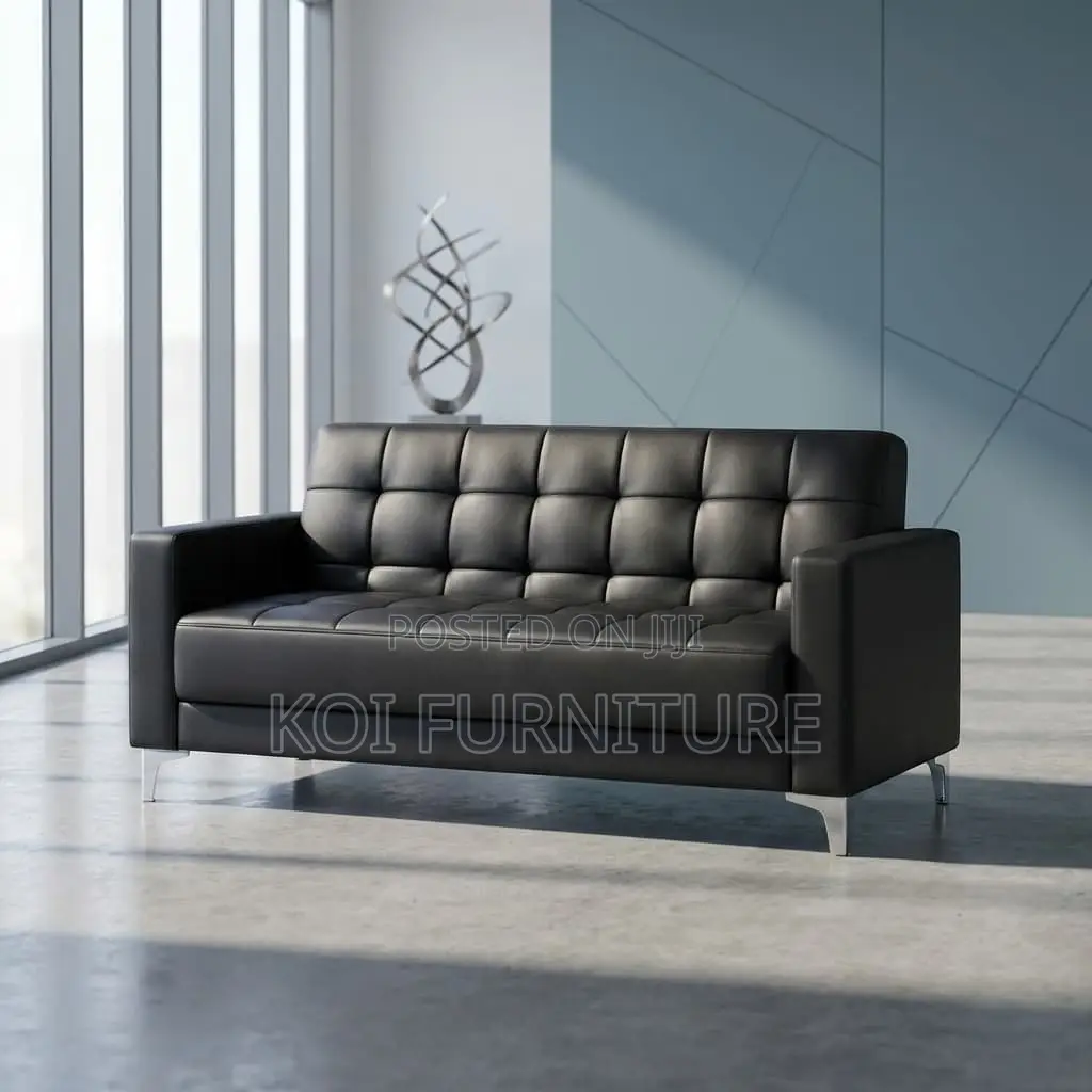 Office Sofa : 5-Seater Modern Black Leather Tufted Sofa